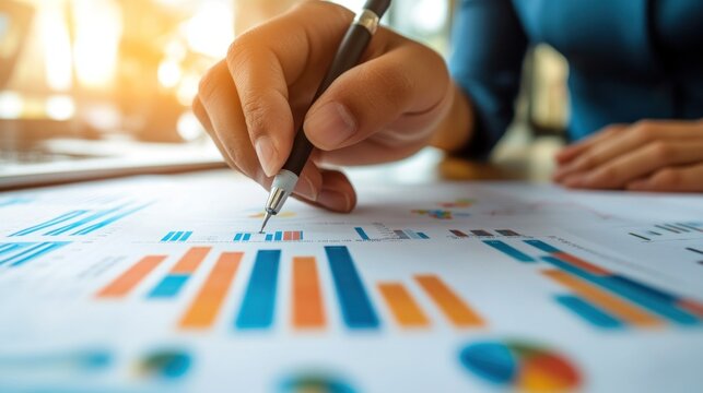 A person analyzing colorful graphs and charts on paper, focusing on data for business strategy, planning, or financial review, using a pen to highlight points.