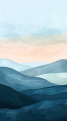 A calming and abstract watercolor painting of a mountain range at sunset, with soft blue and pink hues. Perfect for home decor and meditation spaces, phone wallpaper illustration