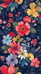 Blooming Rhapsody: A vibrant floral tapestry bursts with color on a navy canvas, a symphony of hand-painted blooms dancing in harmonious chaos, phone wallpaper illustration