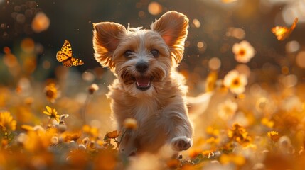 A playful puppy chasing butterflies in a blooming garden, radiating pure wonder and joy