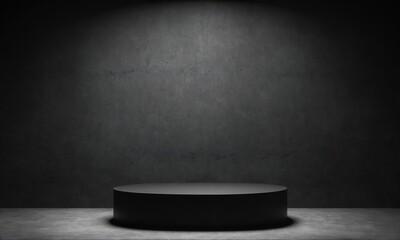 Black podium against a dark concrete background with a single spotlight