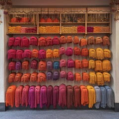 Colorful Array of Traditional Sikh Turbans and Scarves in Gurdwara: Cultural Heritage Showcase. Elegant Minimalist Composition Highlighting Religious Symbols, Perfect for Travel Inspiration, Cultural 