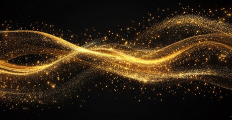 Abstract golden glitter wave with light effect on a black background, glowing stardust trail for a luxury design element.