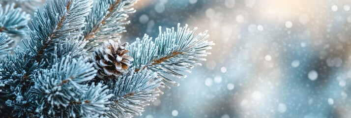Snowy Christmas background with a close - up of frosted pine branches