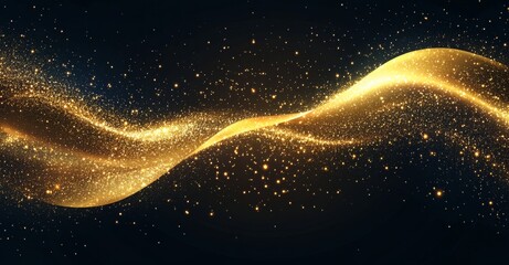 Abstract golden glitter wave with light effect on a black background, glowing stardust trail for a luxury design element.