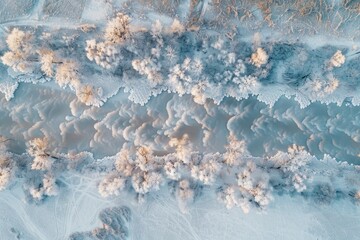 Aerial View of Snow-Covered Trees and Frozen River in Winter Wonderland