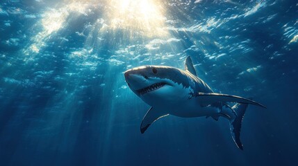 Obraz premium Great White Shark Swimming Upwards in Sunlit Ocean Water