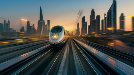 Fototapeta premium A modern high-speed train passing through the urban landscape at high speed