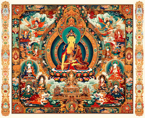 Buddhist Deity Thangka Painting: A vibrant and intricate thangka painting depicting a central deity, surrounded by celestial figures and symbolic imagery, reflecting the rich tradition of Tibetan