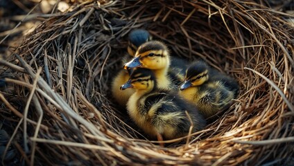 Fototapeta premium Two baby ducks sit in a nest