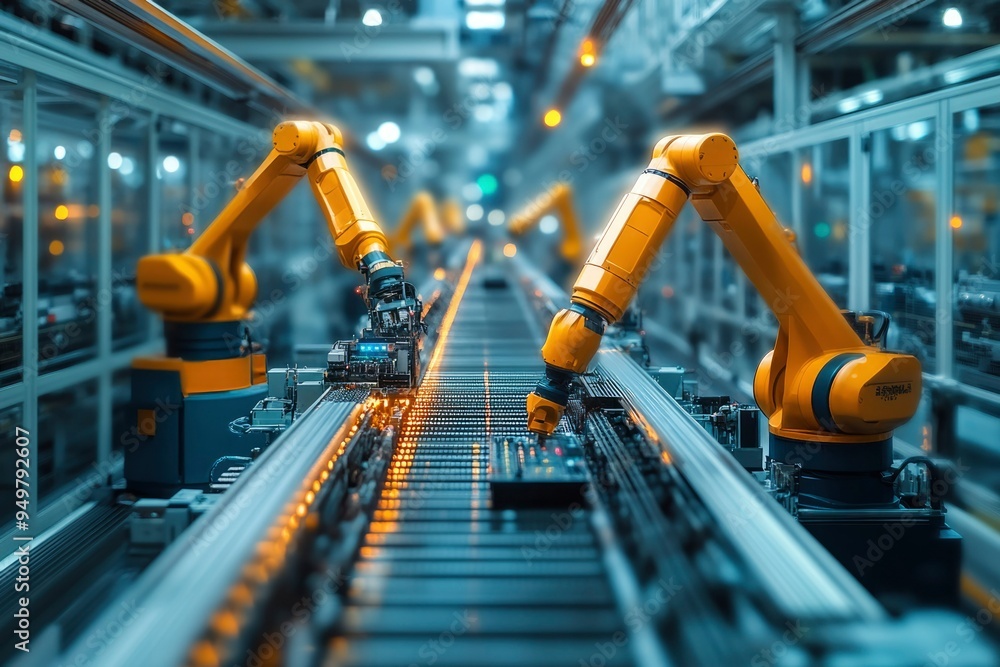Poster yellow robotic arms working on an assembly line in a factory