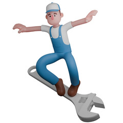 Male Mechanic 3D Cartoon. A mechanic is standing on a crank like surfing with both hands stretched to the side. Professional Technical