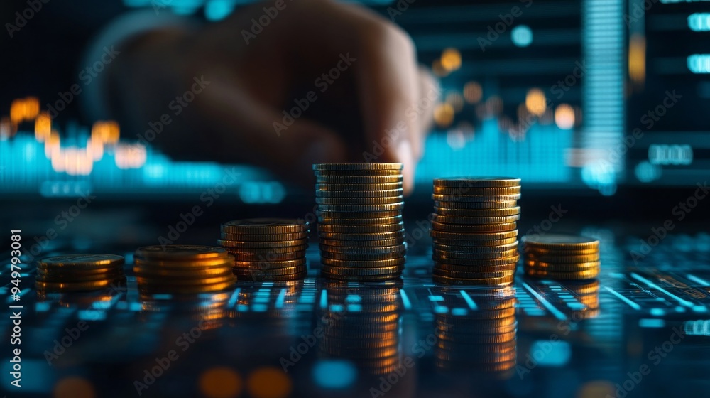 Poster a hand is reaching for a stack of coins on a table