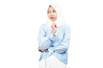 Asian hijab girl thinking about something: deep in thought: pensive girl isolated transparent