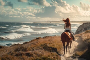 Woman Riding Horse Along Coastal Trail with Ocean Waves Crashing - Perfect for Nature Lovers and Adventure Themes