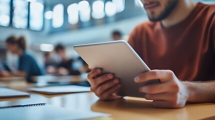 student using a tablet to study, with educational apps and notes visible on the screen, sitting at a desk with a modern classroom in the background