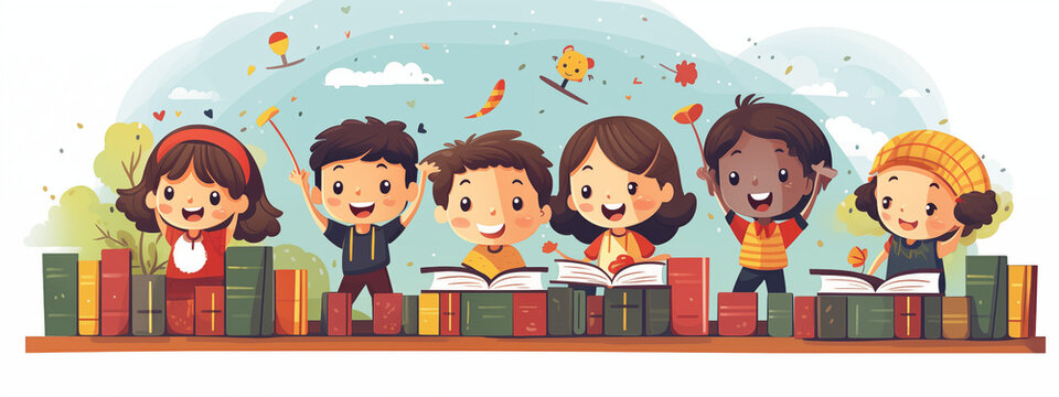 Diverse Group Of Children Smiling And Cheering With Books Outdoors Amidst Nature And Colorful Elements
