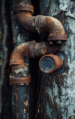 Rusted Industrial Pipes Emitting Thick Smoke in a Barren, Overgrown Landscape, Capturing Decay, Pollution, and Environmental Degradation