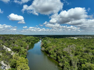 The Brazos River in Waco, Texas, aerial view