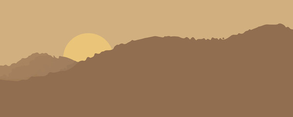 Landscape sunset nature panorama. Mountain climbing for adventure. Flat style vector illustration. postcard, banner, cover, wallpaper, poster design