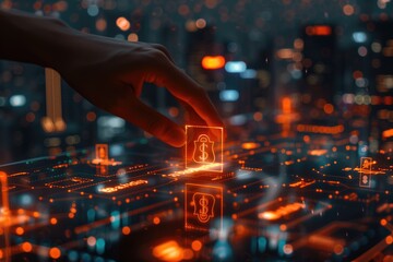 Hand manipulating glowing digital interface representing financial technology in futuristic cityscape.