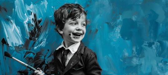 Creative Young Boy with Paintbrush in Blue Monochrome Background - Art and Creativity Concept