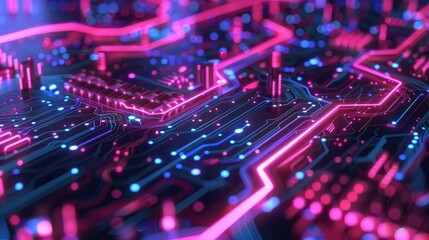 Fototapeta premium Neon circuitry in an abstract data landscape, illustrating the flow of digital life