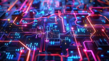Obraz premium Neon circuitry in an abstract data landscape, illustrating the flow of digital life
