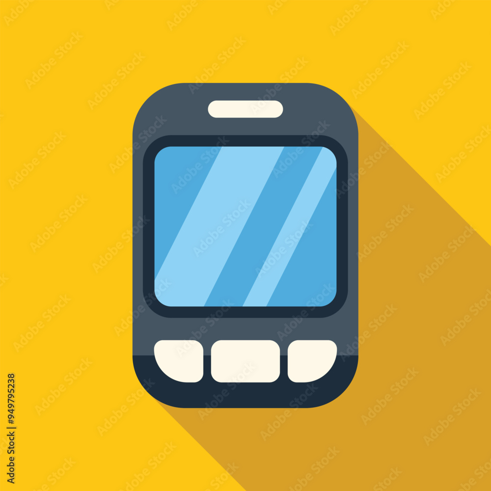 Poster minimalist flat design style mobile phone with buttons is showing a blank screen on a yellow backgro