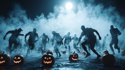 A spooky soccer match under the moonlight, with players dressed in Halloween-themed costumes, surrounded by jack-o'-lanterns and eerie fog. The scene includes ample copy space for text or promotional