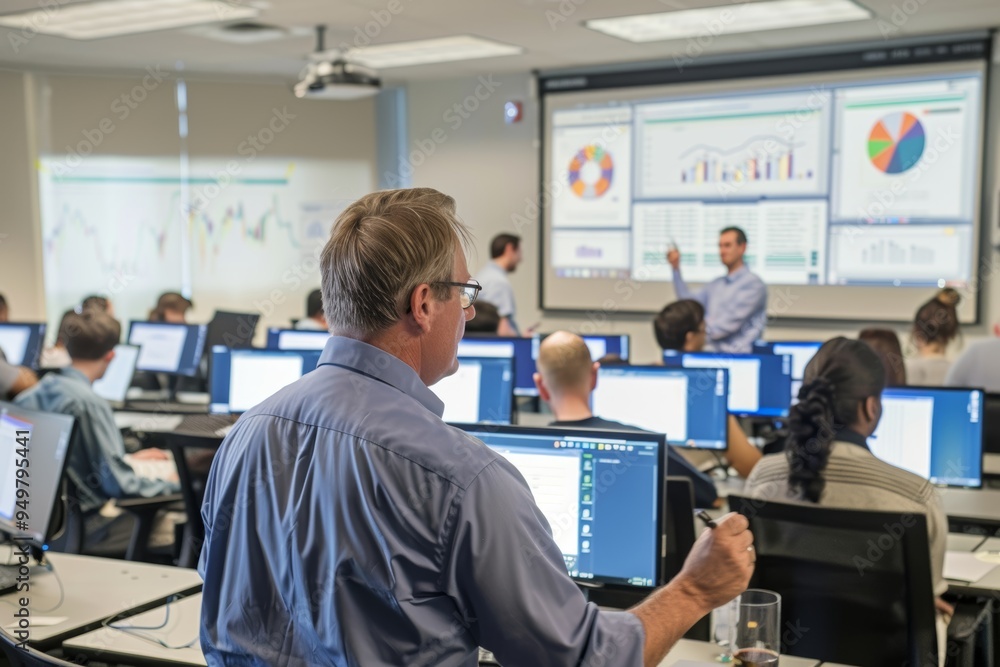 Poster adult education course on data analytics in high tech computer lab with professional demonstrations