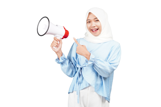 Asian hijab girl using megaphone isolated transparent