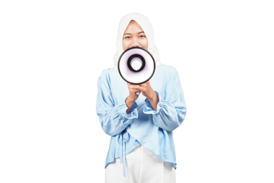 Asian hijab girl using megaphone isolated transparent