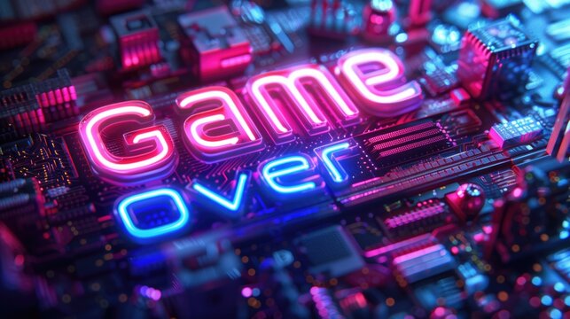 Neon "Game Over" Sign on Electronic Circuit Board.