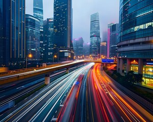 Obraz premium light trails of cars moving fast on the highway with skyscrapers