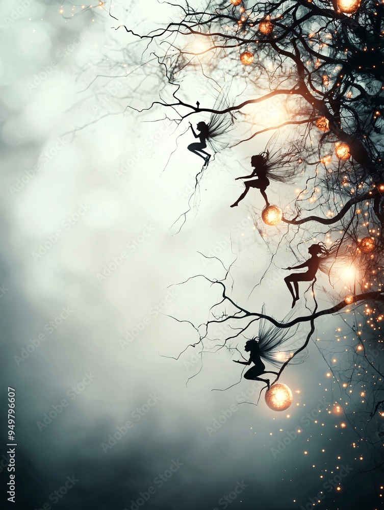 Poster a group of halloween fairies flying around a spooky tree decorated with cobwebs and glowing orbs, wi
