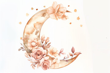 Floral blooming moon. Watercolor hand drawn illustration of Full Luna and rose Flowers for icon or logo. Celestial drawing in pastel colors for astrological element. Astrological sketch.


