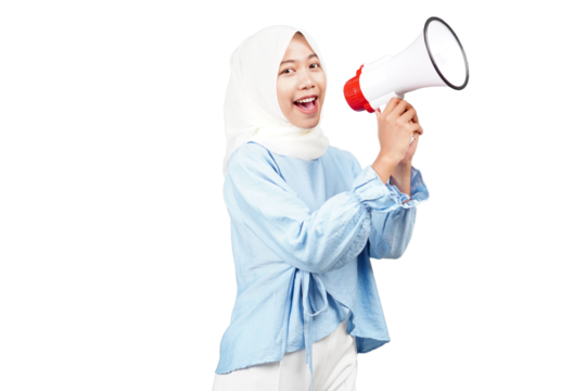 Asian hijab girl using megaphone isolated transparent