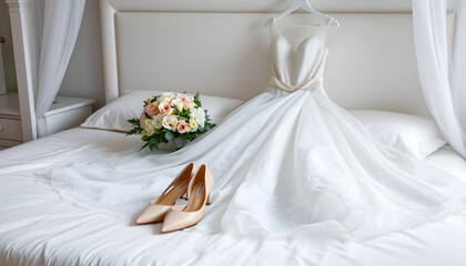 Luxury wedding dress in white box, beige women's shoes and bridal bouquet on bed, copy space. Bridal morning preparations. Wedding concept isolated with white highlights, png