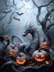 Fototapeta premium A dragon with scales resembling autumn leaves stands guard at the entrance of a haunted forest, with glowing pumpkins and bats flying overhead. The scene is designed with enough copy space for text