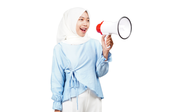 Asian hijab girl using megaphone isolated transparent