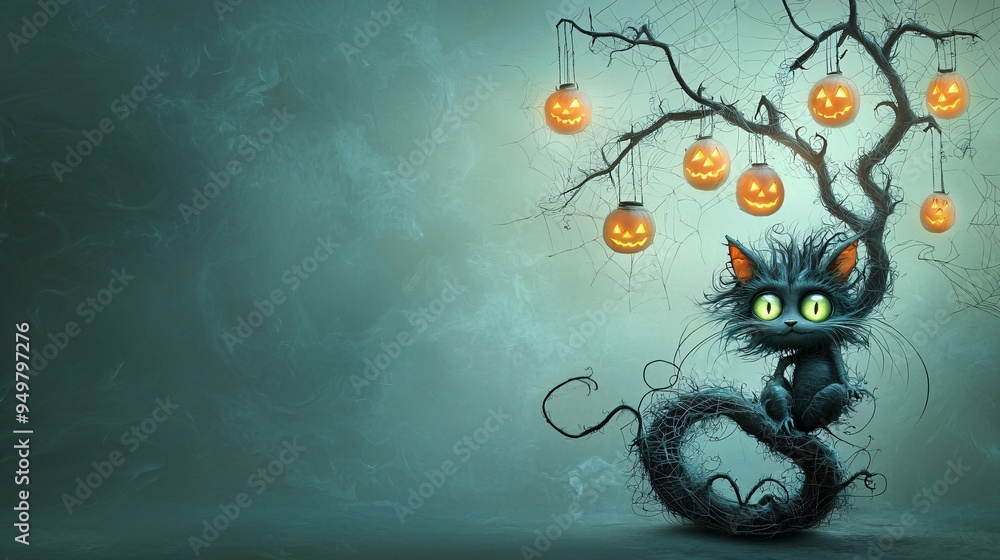 Poster a halloween dragon with glowing green eyes wraps around a haunted tree, with its tail intertwined wi