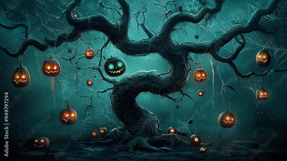 Poster a halloween dragon with glowing green eyes wraps around a haunted tree, with its tail intertwined wi