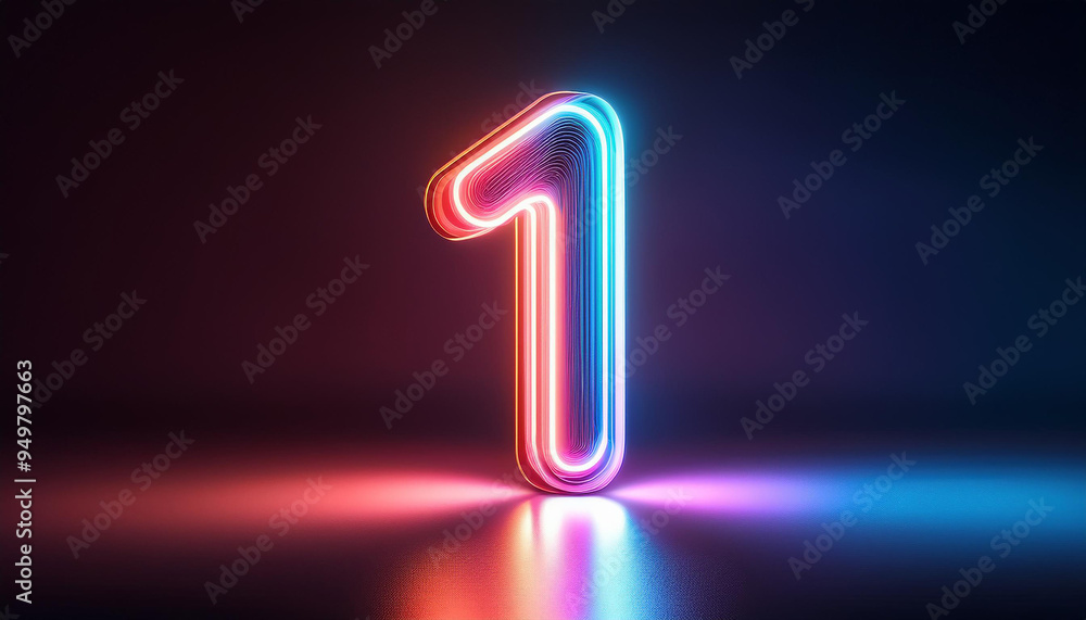 Poster image of glowing neon number 1 one, made from neon light. 3d rendering. dark backdrop.