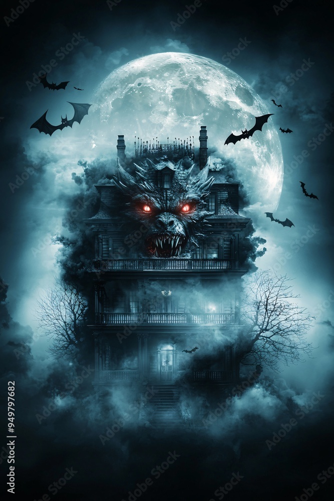 Poster a shadowy dragon with glowing red eyes lurks in the background of a haunted mansion, with bats flyin