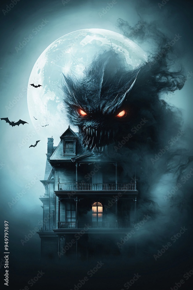 Poster a shadowy dragon with glowing red eyes lurks in the background of a haunted mansion, with bats flyin