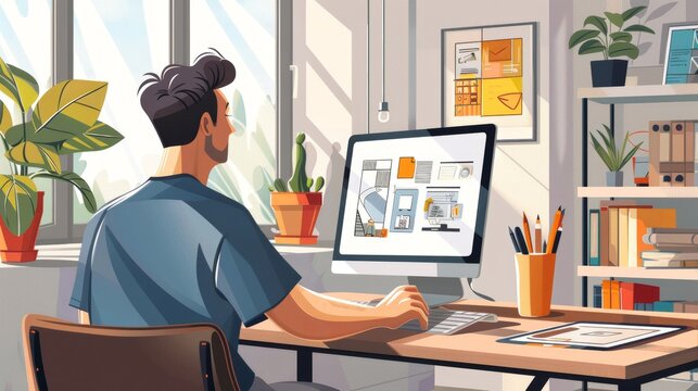 Adult Leaner Creating Digital Art in Trendy Home Office for Online Graphic Design Course