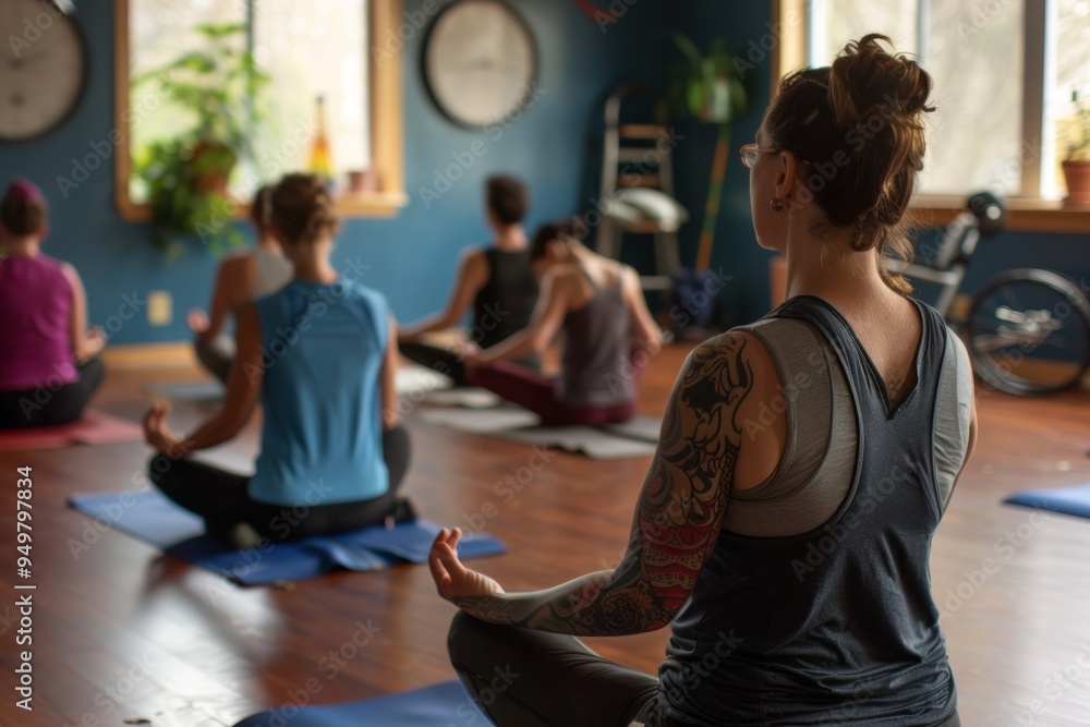 Poster inclusive yoga class with adaptive poses for people with disabilities in supportive studio setting