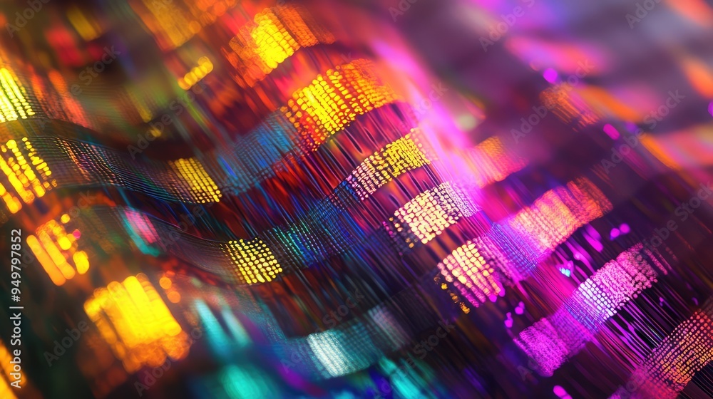 Poster Patterned surface with light creating harmonic interference effects, showing vibrant, overlapping designs and shifting colors.