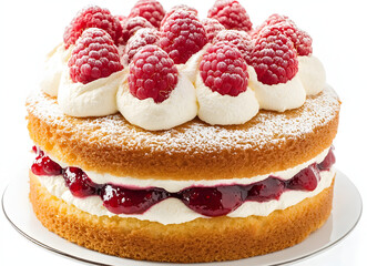Victoria sponge cake with whipped cream and raspberries isolated.
